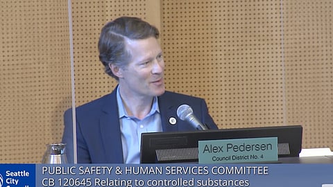 Councilmember Alex Pedersen, representing District 4, speaks during a Seattle City Council Public Safety & Human Services Committee meeting on Council Bill 120645. Screenshot from Seattle Channel, courtesy of PubliCola.