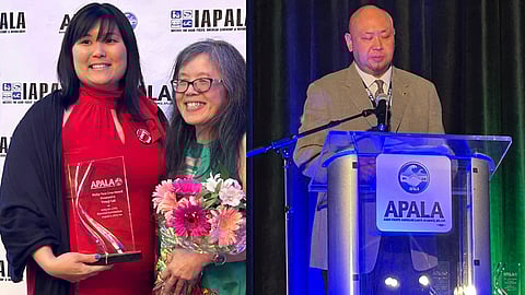 Left: Eunice How, left, president of Seattle APALA, presents Tracy Lai (holding flowers) with the Philip Vera Cruz Lifetime Achievement Award. Right: Jason Chan receiving the Art Takei Leadership Award at the APALA convention in Seattle. (Photos: Sharon Maeda)