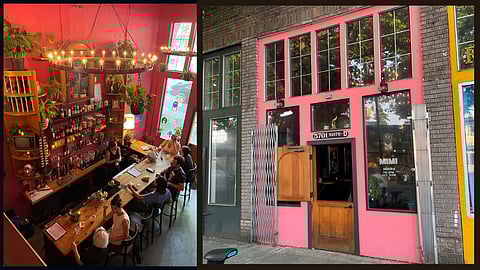 Left: Comfy vibes a'plenty at Mimi Bar in Hillman City. Right: Mimi Bar is easy to find on Rainier Avenue — just look for the pink! (Photos courtesy of Mimi Bar.)