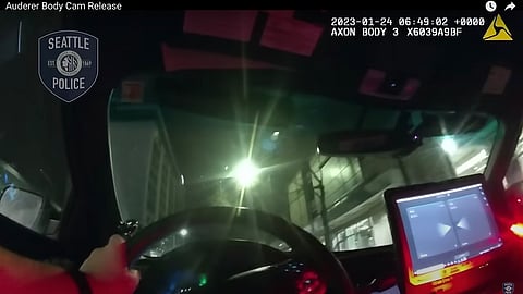 Screenshot from bodycam video released by the Seattle Police Department in connection with the death of Jaahnavi Kandula.