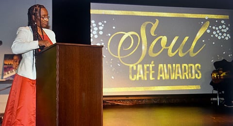Taylormade Soundz, the founder and CEO of Soul Cafe Awards, introduces the event in 2022. (Photo courtesy of Taylormade Soundz.)