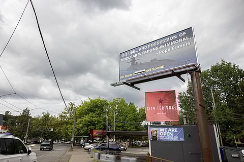 Ground Zero Center for Nonviolent Action joined with Pax Christi USA, a Catholic peace movement, to purchase billboard space that brings attention to the proximity of Naval Base Kitsap, Bangor, home to the largest concentration of deployable nuclear weapons in the world. The base is only 23 miles away from where this billboard is on Rainier Avenue South. (Photo: Alex Garland)