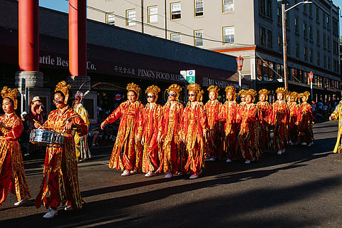 The Seattle Chinese Community Girls Drill Team is captured in Della Chen's new short documentary, 'She Marches in Chinatown'. (Photo courtesy of the Seattle Chinese Community Girls Drill Team)