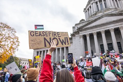 Thousands joined in a march from Heritage Park to the Washington State Capitol building in Olympia, Washington, calling for a cease-fire in the latest war between Israel and Hamas, in solidarity with pro-Palestine demonstrations globally on Nov. 4, 2023. (Photo: Alex Garland)