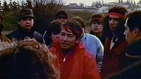 Bernie Whitebear being the coolest in Kurt Feldhun's film "Bernie Whitebear: A Modern Warrior." Still courtesy of Seattle Municipal Archives, Item 6625, Record Series 3902-01: Seattle Channel Moving Images.