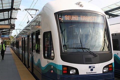 Sound Transit's Link Light Rail gets ready to depart a station in July 2009. Photo is attributed to SoundTransit (under a Creative Commons CC BY-NC-ND 2.0 DEED license.)
