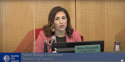 Councilmember Teresa Mosqueda, chair of the Select Budget Committee, calls the Friday, Oct. 27, meeting to order. Screenshot from the Seattle Channel.