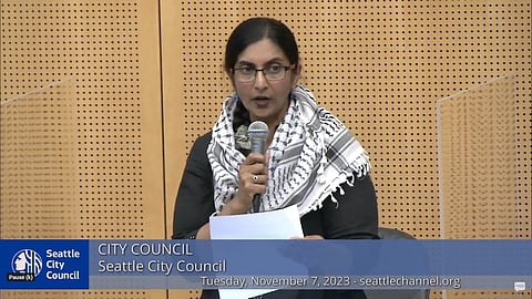 Councilmember Kshama Sawant introduces her resolution calling for a cease-fire in Gaza during the Nov. 7, 2023, Seattle City Council meeting. Screenshot from the Seattle Channel.