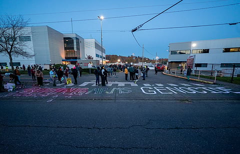 Protesters show up at the Boeing Military Delivery Center Wednesday, Nov. 8, to protest military supplies being delivered to Israel. (Photo: Susan Fried)