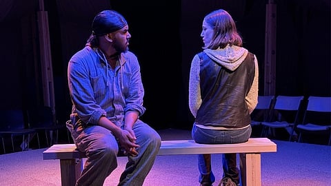 Tristan Johnson and Anna Daines in "The Return," a play about a Palestinian Arabic man and a Jewish Israeli woman who meet at an auto-repair shop in modern-day Israel. (Photo: Samia El-Moslimani, courtesy of Dunya Productions)