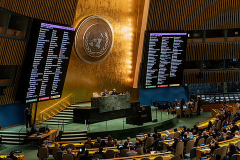 Results of voting by the U.N. General Assembly on a resolution calling for a humanitarian truce in the Israel-Hamas war at U.N. Headquarters in New York on Oct. 27, 2023. Photo via lev radin/Shutterstock.com.