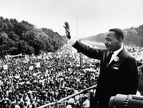 Martin Luther King Jr. addresses a crowd from the steps of the Lincoln Memorial, where he delivered his famous, "I Have a Dream," speech during the Aug. 28, 1963, march on Washington, D.C. (Photo via Wikimedia Commons)