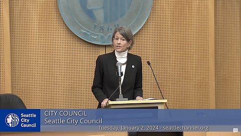 Following a 9–0 vote with the new lineup, Councilmember Sara Nelson was voted in as the new Seattle City Council president for 2024 to 2025. (Screenshot from the Seattle Channel.)