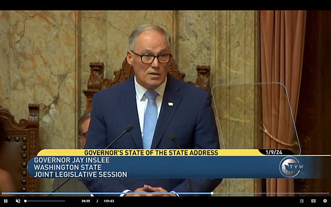 Gov. Jay Inslee delivers his final "State of the State" address at the Legislative Building in Olympia on Jan. 9, 2024. Screenshot from TVW.
