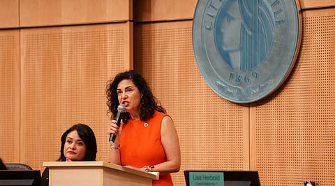 Councilmembers Lorena Gonzlez and Tammy Morales in a 2020 photo. (Photo: Chloe Collyer)