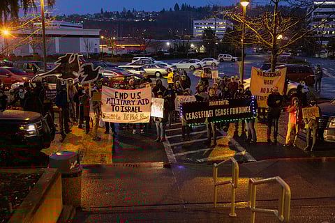 On Jan. 26, a group of 16 local activists, including eight members from the Democratic Socialists of America (DSA) and representatives from IfNotNow, orchestrated a sit-in at Rep. Adam Smith's office in Renton, pressing for immediate action on the ongoing siege of Gaza. (Photo: Alex Garland)