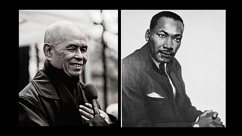 Left: Thich Nhất Hạnh in Paris, France, in 2006. Photo is attributed to Duc (pixiduc) (under a Creative Commons, CC BY-SA 2.0 DEED license). Right: Portrait of Martin Luther King Jr. by Betsy Graves Reyneau, part of the exhibition "Portraits of Outstanding Americans of Negro Origin." (Photo courtesy of National Archives, photo no. 559202.)