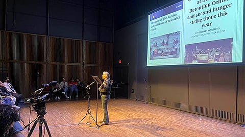 Maru Mora-Villalpando introduces audience to the readers and narrative project collaboration between La Resistencia and Hinton Publishing. (Photo courtesy of Seattle Rep.)