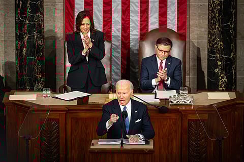 President Joe Biden delivers the annual State of the Union address to a joint session of Congress at the U.S. Capitol, Washington, DC, March 7, 2024. (Photo by Allison Bailey/NurPhoto via AP)