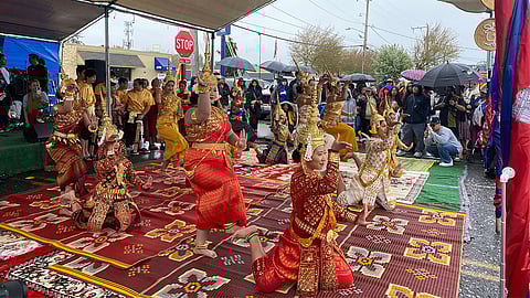 Dancers from the Cambodian Classical Dance of the Northwest performing Robam Tep Monorom at the White Center Cambodian New Year Street Festival on April 27, 2024. (Photo: Jenn Ngeth)