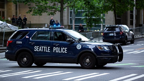 A Seattle police patrol car in front of the West Precinct.