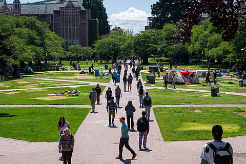 Only a few tents remain on the University of Washington Quad as a pro-Palestine protest encampment ended Monday, May 20. (Photo: Susan Fried)