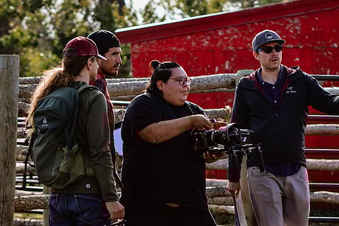 "Bring Them Home" Directors of Photography Kier Atherton and Zane Clampett with Ivy MacDonald (holding camera) and Daniel Glick (far right). (Photo: Mariah Gladstone)
