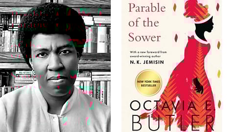 Author Octavia Butler, and 'Parable of the Sower' book cover. (Photo of Butler courtesy of Octavia Butler estate. Book cover courtesy of Seattle Public Library)