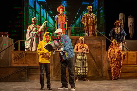 "The Lion Tells His Tale" ensemble performs a scene during a preview of the play on April 30, 2024, at the Broadway Performance Hall. (Photo: Susan Fried)