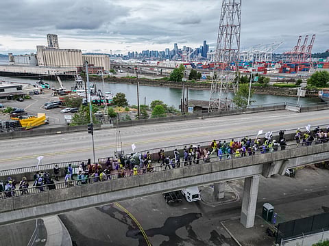 Hundreds of supporters of Palestine walked from SeaTac to Golden Gardens in North Seattle, a distance of 25 miles, the length of Gaza, to call "for an immediate ceasefire and lasting freedom and safety for all people living between the Jordan River and the Mediterranean Sea" on May 26, 2024. (Photo: Alex Garland)