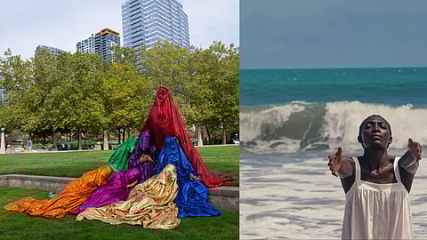 Left: Anida Yoeu Ali's 'The Red Chador' performance in Bellevue. (Photo by Bruce Tom, courtesy of the artist). Right: A film still from Kamari Bright's When You Left Me, 2024 (courtesy of the artist).