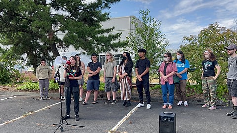 Workers from the Homegrown sandwich chain condemn closures and layoffs during a Renton press conference. (Photo: Soumya Gupta)