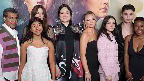 (L-R) UNDER THE BRIDGE Cast - Ezra Faroque Khan, Riley Keough, Vritika Gupta, Lily Gladstone, Chloe Guidry, Izzy G., Javon 'Wanna' Walton and Aiyana Goodfellow at the Hulu's UNDER THE BRIDGE Los Angeles Premiere held at the DGA Theater in Los Angeles, CA on Monday, April 15, 2024. (Photo By Sthanlee B. Mirador/Sipa USA)(Sipa via AP Images)