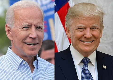 From left to right: Current President Joe Biden walking with supporters at a pre-Wing Ding march in Iowa in August 2019 (Photo is attributed to Gage Skidmore, under a CC BY-SA 2.0 license); former President Donald Trump's official portrait in October 2017 (Photo: Shealah Craighead, under the public domain).