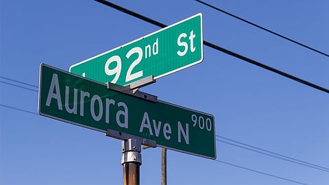 Street sign at Aurora Avenue North and North 92nd Street, Seattle, Washington, in 2016. The proposed SOAP zone would encompass Aurora Avenue North and be bordered by North 140th Street and North 85th Street. (Photo via Seattle City Council/Flickr under a Creative Commons, CC0 1.0 Universal license.)