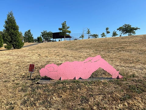 Have you spotted this reclining figure in Jefferson Park? "RESTING IN RELATION I" by E.T. Russian, 2023–2024 Art Interruptions, August 2024. (Photo: Jas Keimig)