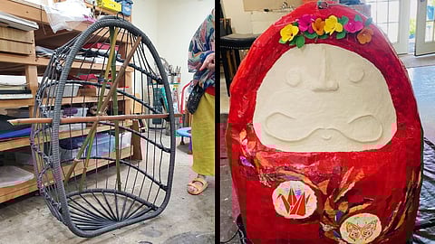 Japanese American activists build a giant Daruma doll for the "Liberation Obon" event on Sunday, Sept. 1, at the Northwest ICE Processing Center in Tacoma. (Photo courtesy of Tsuru Solidarity)