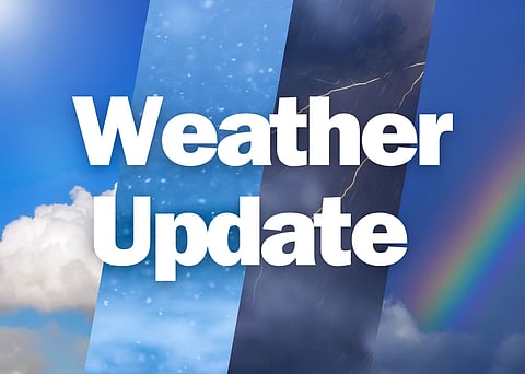 The words Weather Update are overlaid across a variety of weather- a blue sky with fluffy clouds, rain drops, lightning, and a rainbow
