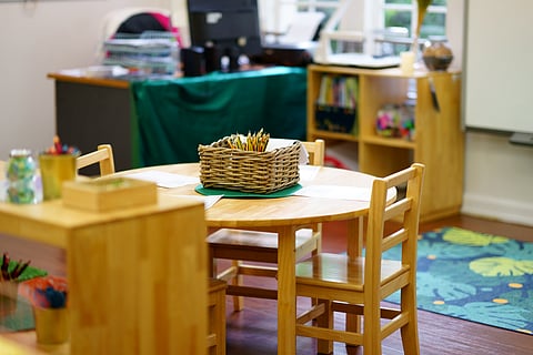A kindergarten classroom with school supplies on a shared workspace.
