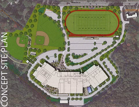 A conceptual drawing of a high school with the ball fields and a parking lot.