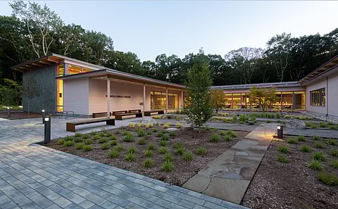 Exterior of the Norwell Public Library, a modern building with minimalist landscaping