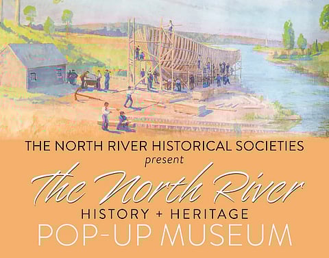 A watercolor painting of men working to build a boat on the North river along side a rolling green hill and a small wooden house. The boat is not yet fully built, but just the bottom shell has been created.