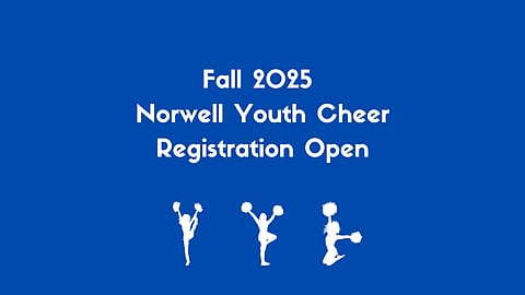 Royal blue background with the words Fall 2025 Norwell Youth Cheer Registration Open and three icons of cheerleaders at the bottom doing various poses in white