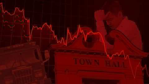 An illustration featuring a fire truck, Town Hall entrance, and stressed student - all in red - with an economic indicator lines on the decline.