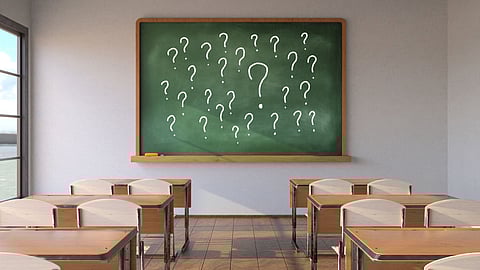 Green chalkboard covered in white question marks is at the front of an empty classroom that has wooden tables and chairs.