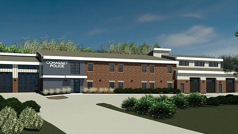 A presentation slide detailing the proposed Cohasset public safety complex upgrades. Digital rendering of a proposed complex that is modern and updated.