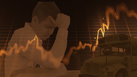 Sepia toned image with a student and a school bus and a chart sign going down. Cohasset School Committee members and state legislators discuss funding shortfalls and financial challenges.