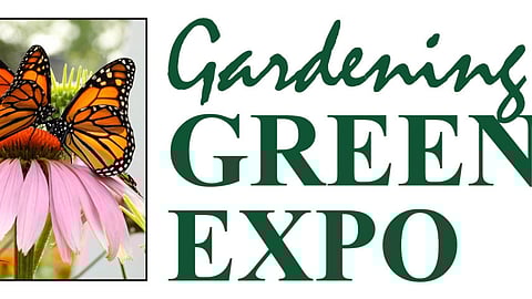 Logo for Gardening Green Expo includes bright orange and black butterflies on a pink flower