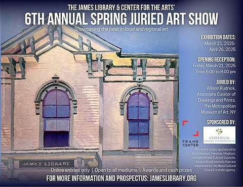A painting of the James Library with text overlaid telling details about the juried spring art show.