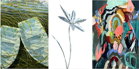 Painting on dingys on the right, a Metal sculpture by Gints Grinbergs, featuring interconnected steel circles resembling apple blossoms in the middle and then an abstract colorful painting on the right displayed.